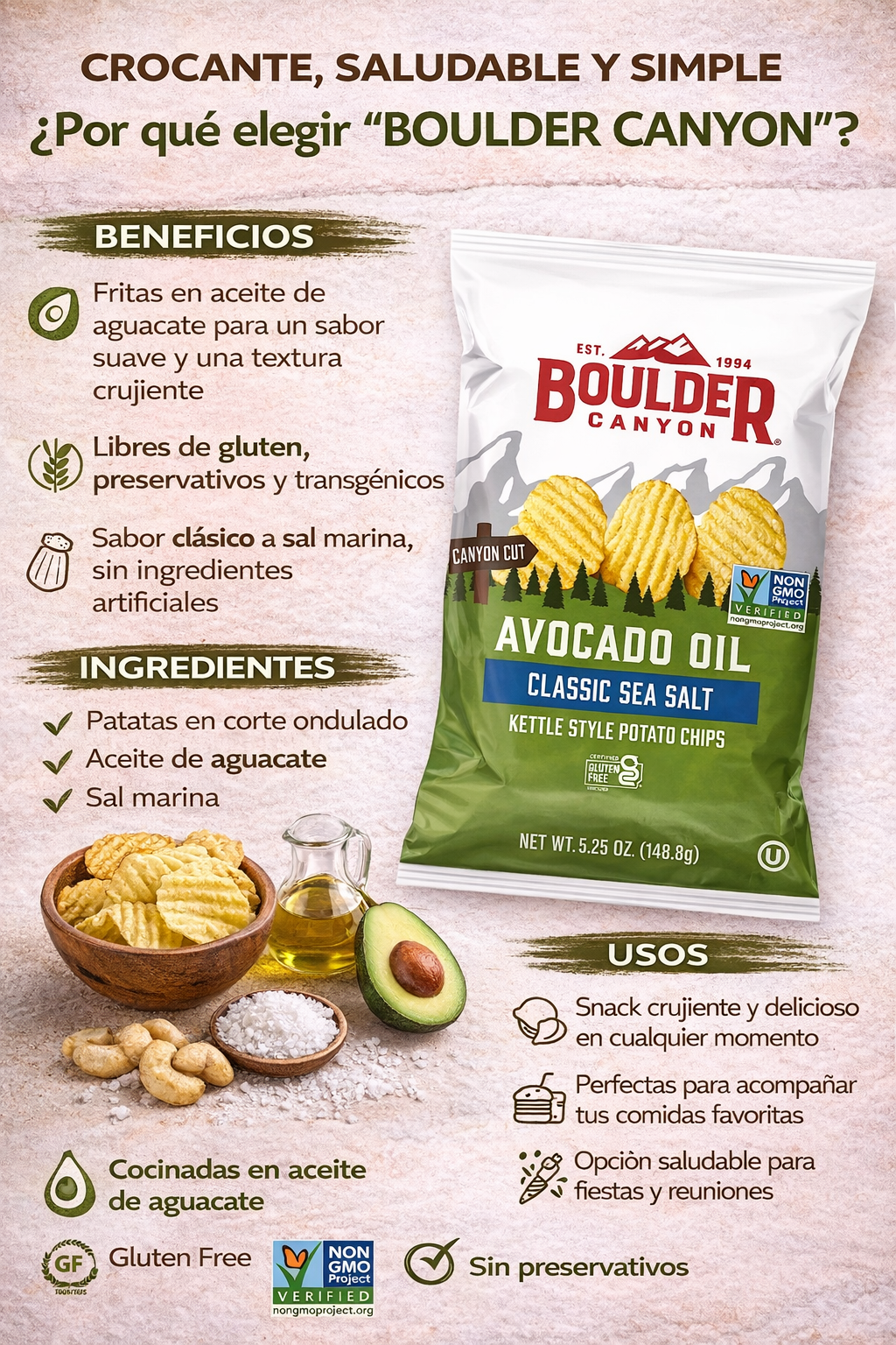 Papas Estilo Kettle en Aceite de Aguacate - Boulder Canyon x5,25onzas