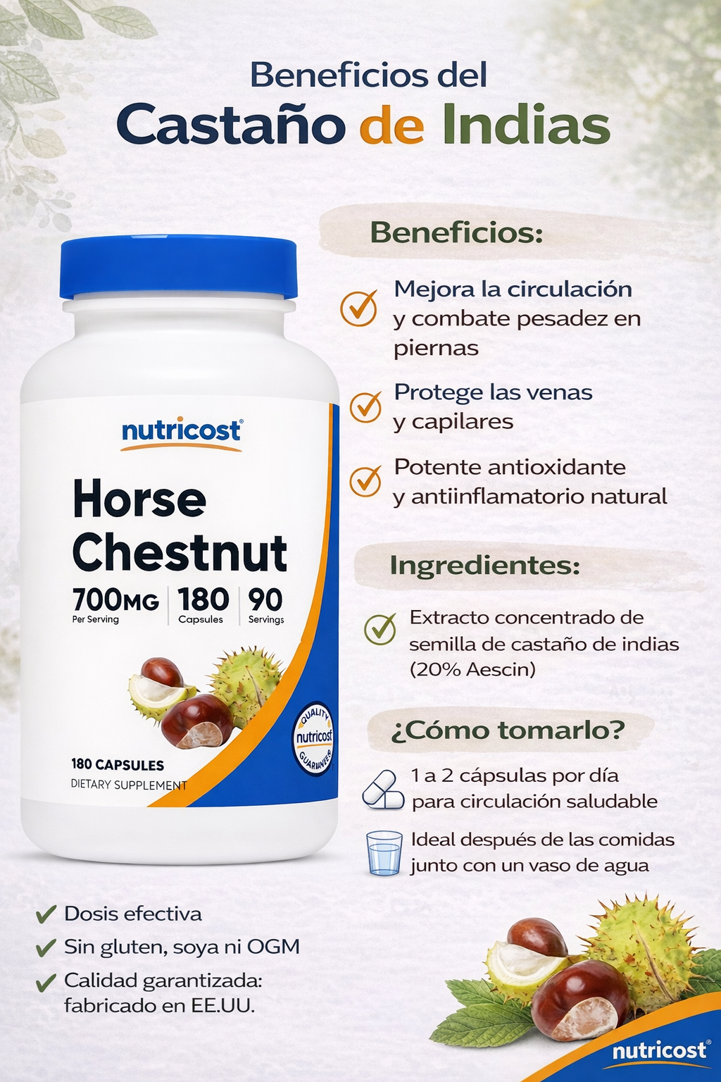 Horse Chesnuts (Extracto de Castaño) - Nutricost x180caps