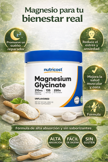 Magnesio De Glicinato sin sabor - Nutricost x250g