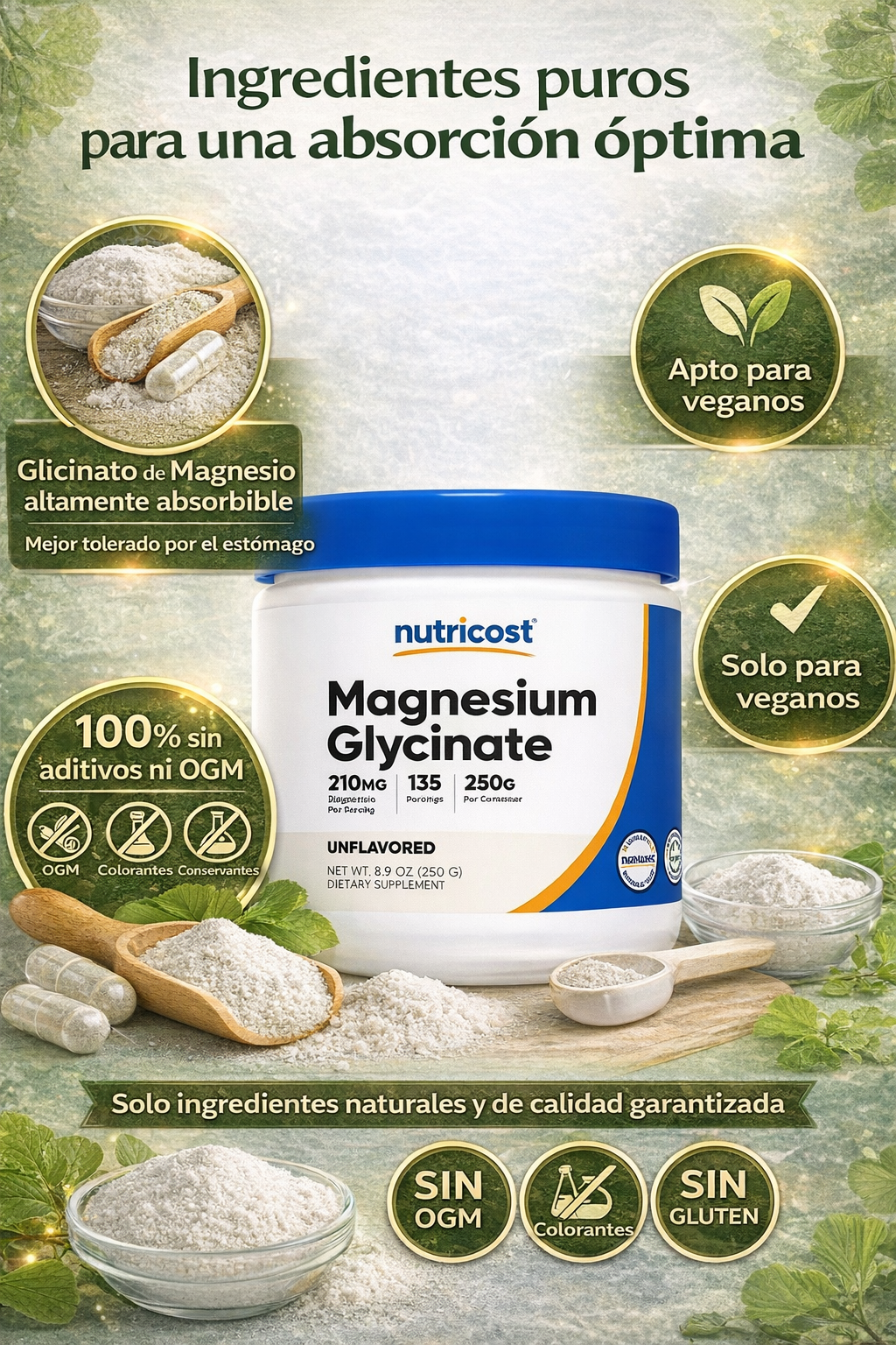 Magnesio De Glicinato sin sabor - Nutricost x250g