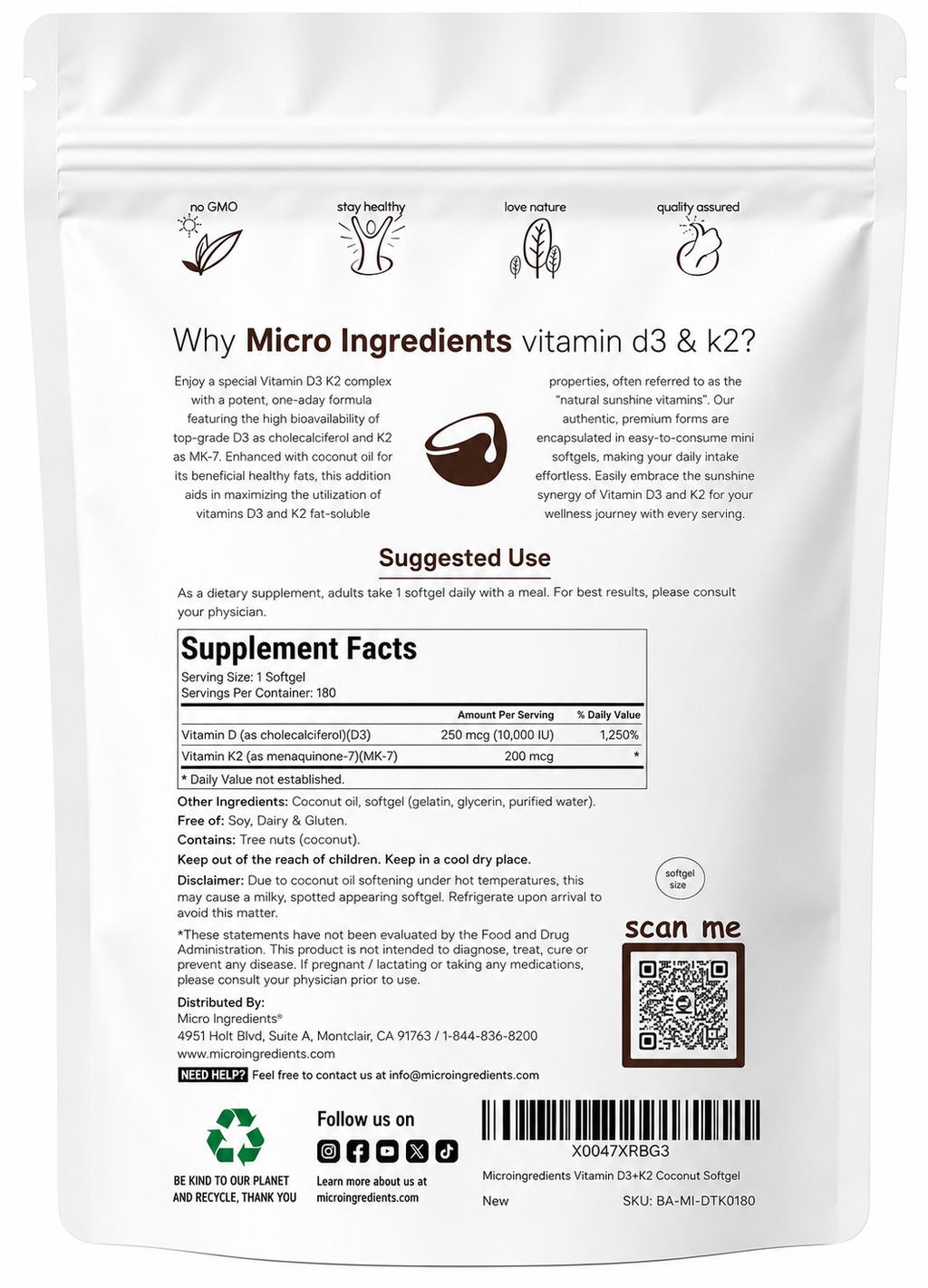 Vitamina d3 + k2 - MicroIngredients x150caps
