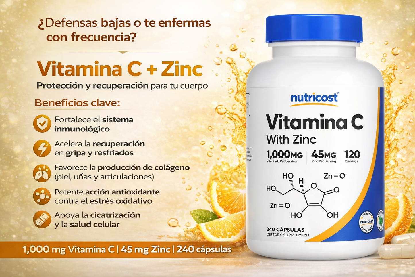 Vitamina C + Zinc - Nutricost x240Caps