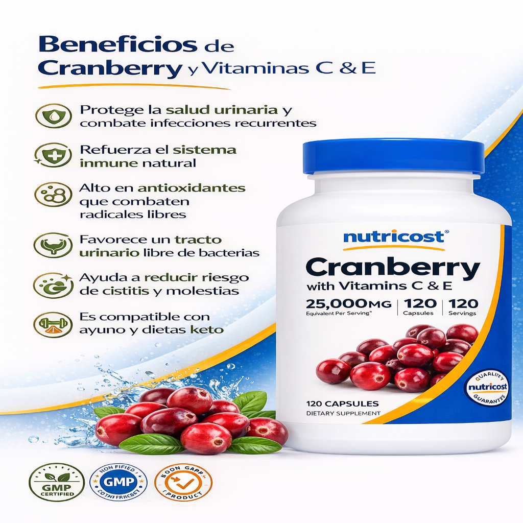 Cranberry con Vitamina C y E - Nutricost x120caps