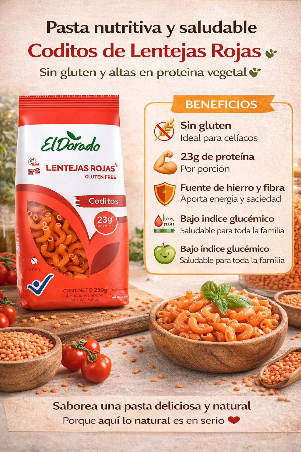 Pasta de Lentejas Rojas Coditos - El Dorado x250g