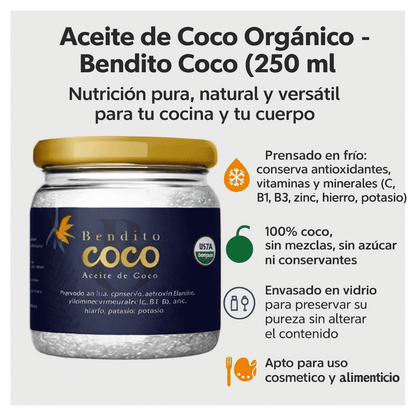 Aceite Orgánico de Coco - Bendito Coco x250ml