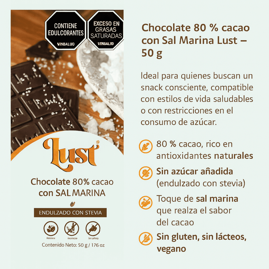 Barra De Chocolate 80% Cacao Con Stevia Y Sal Marina - Lust x50g