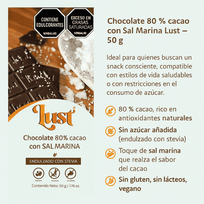 Barra De Chocolate 80% Cacao Con Stevia Y Sal Marina - Lust x50g