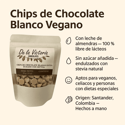 Chips De Chocolate Blanco Vegano Con Estevia (Leche de Almendras)- De La Victoria x50g