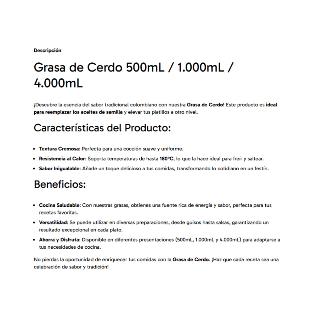 Grasa Orgánica de Cerdo - Grassana x1000ml