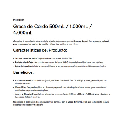 Grasa Orgánica de Cerdo - Grassana x1000ml