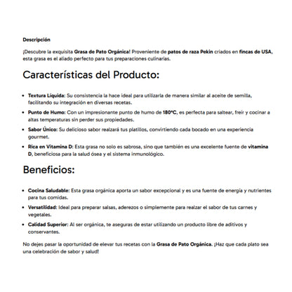 Grasa Orgánica de Pato - Grassana x500ml