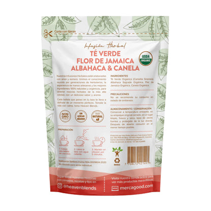 Infusión Orgánica De Té Verde, Flor De Jamaica, Albahaca Y Canela - Heaven Blends x60g