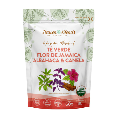 Infusión Orgánica De Té Verde, Flor De Jamaica, Albahaca Y Canela - Heaven Blends x60g