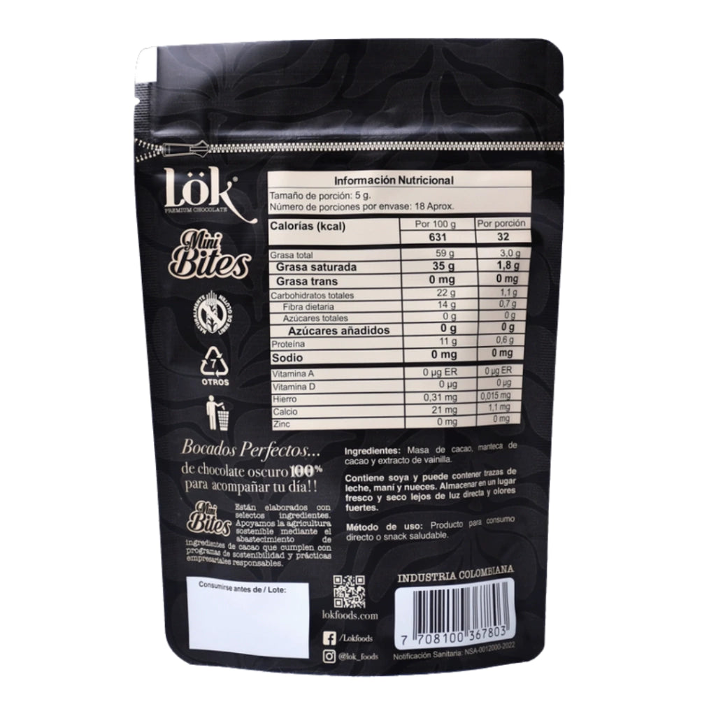 Mini Bites De Chocolate Al 100% De Cacao - Lok x90g